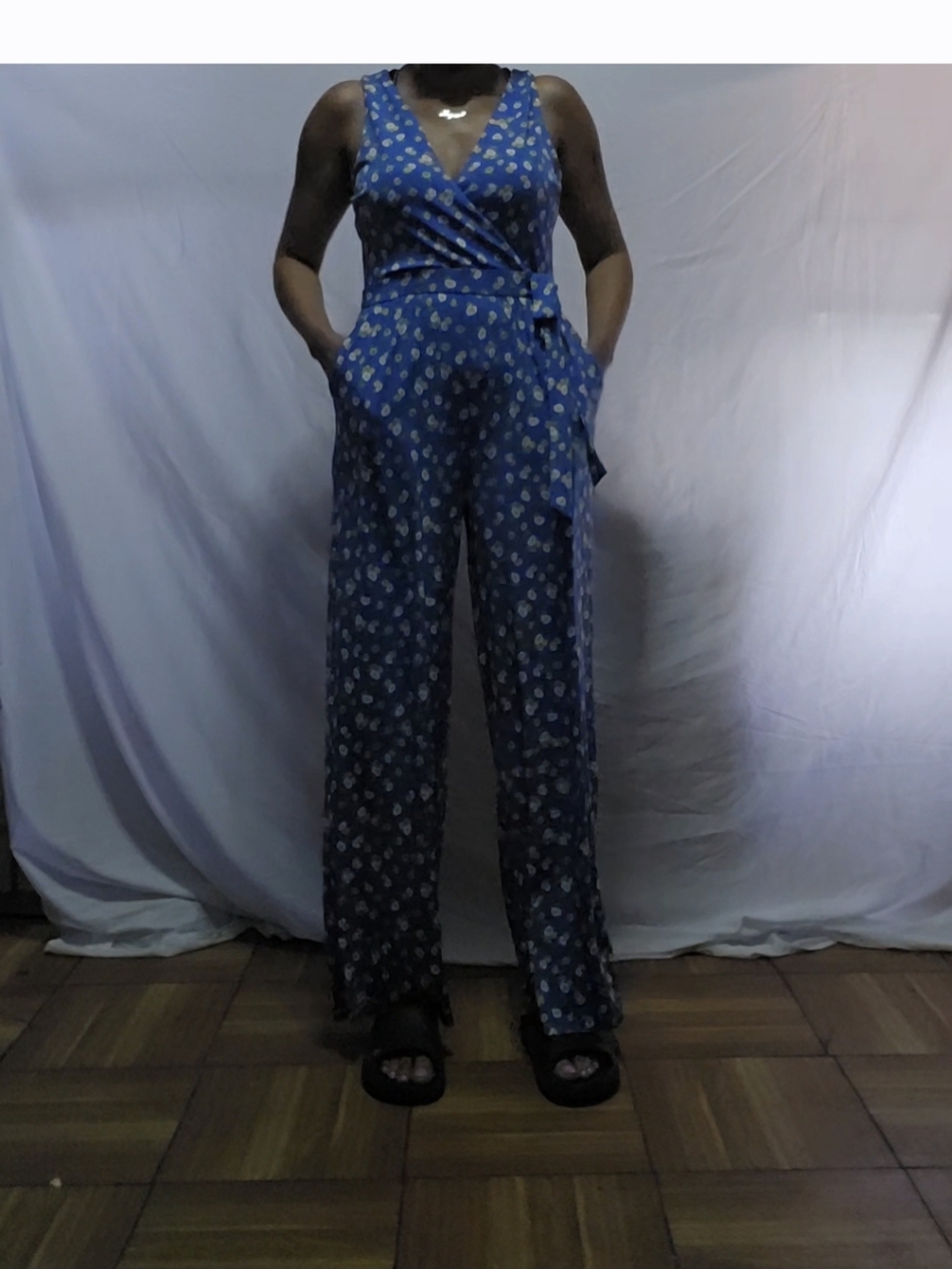 Kaileigh Blue Floral Wrap Romper with Yellow and White Blooms Medium (Pockets)